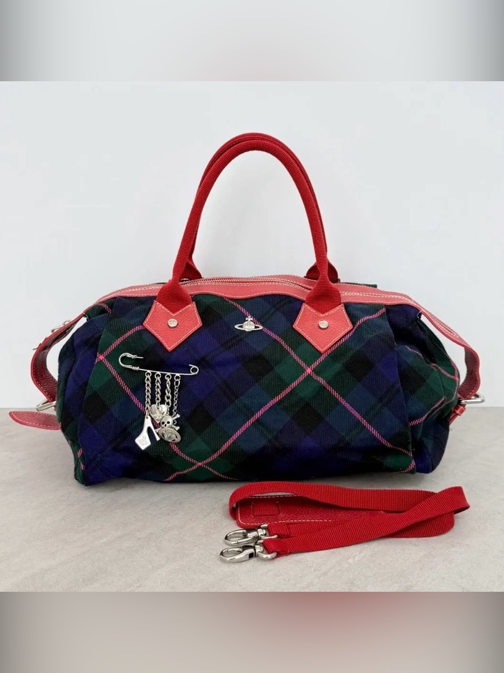 RARE Vivienne Westwood Red-Trim Tartan Weekender Bag with Charm and strap!